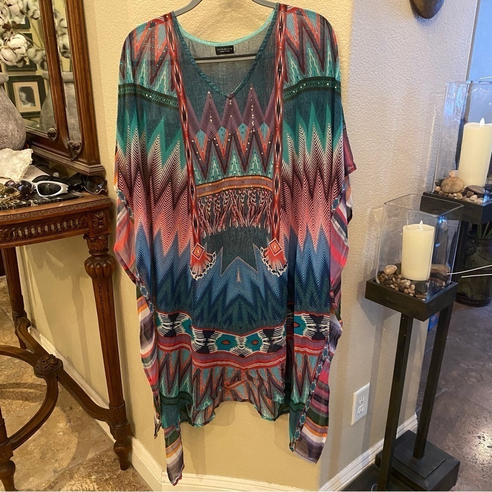 SOUTH BEACH Multicolor Patterned Rhinestone Sheer Kaftan Cover-Up Size One Size
